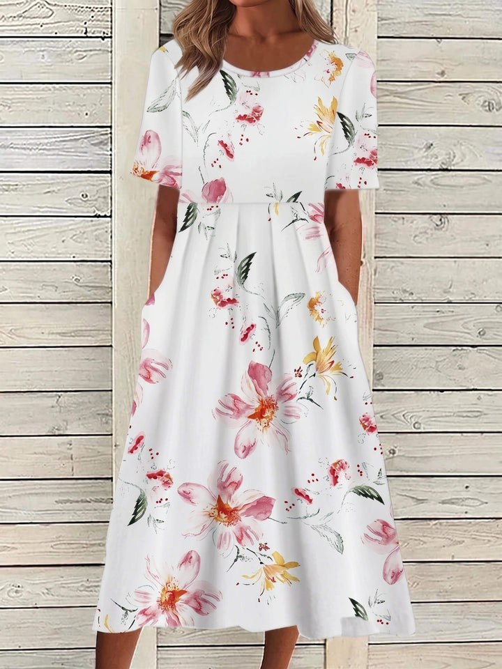 Women's Floral Midi Dress with Short Sleeves