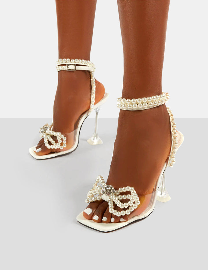 Women’s Pearl Ankle-Wrap Heels with Square Toe
