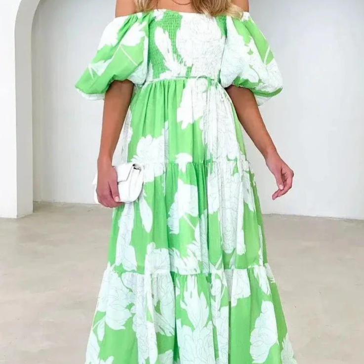 Women’s Abstract Print Puff-Sleeve Maxi Dress