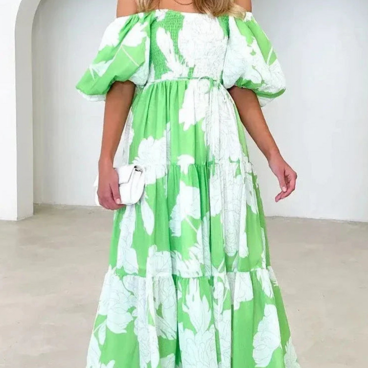 Women’s Abstract Print Puff-Sleeve Maxi Dress