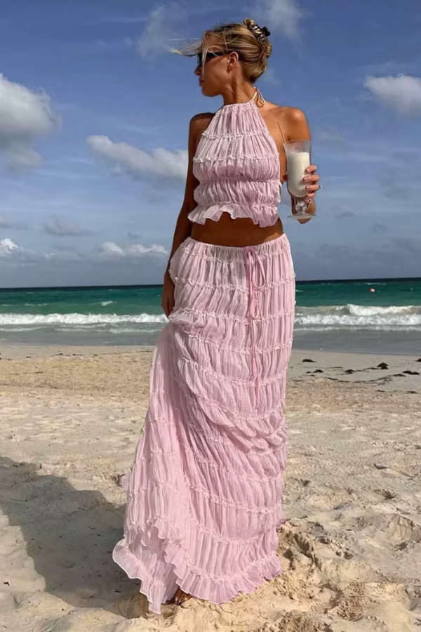 Women’s Ruched Two-Piece Set with Halter Top & Maxi Skirt