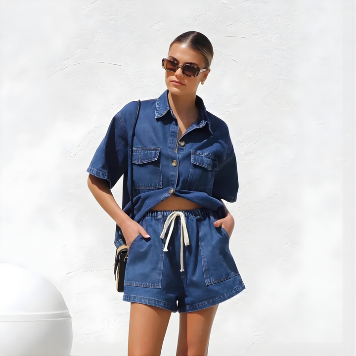 Women’s Denim Short-Sleeve Shirt Jacket Two Piece Set with Shorts