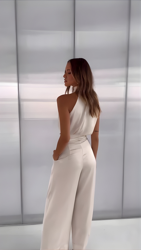 Women’s Halter Draped Crop Top Two-Piece Set with Wide-Leg Pants