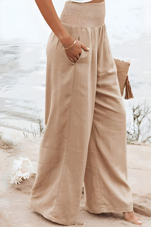 Women’s High Waist Linen Palazzo Wide-Leg Pants with Waistband