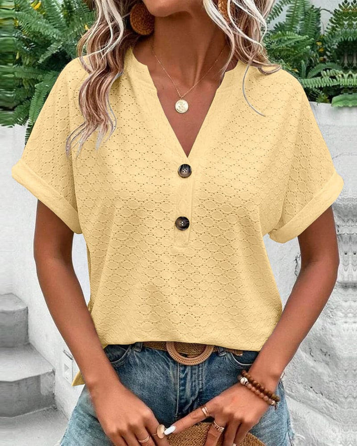 Women’s V-neck Button Front Blouse with Short Sleeves