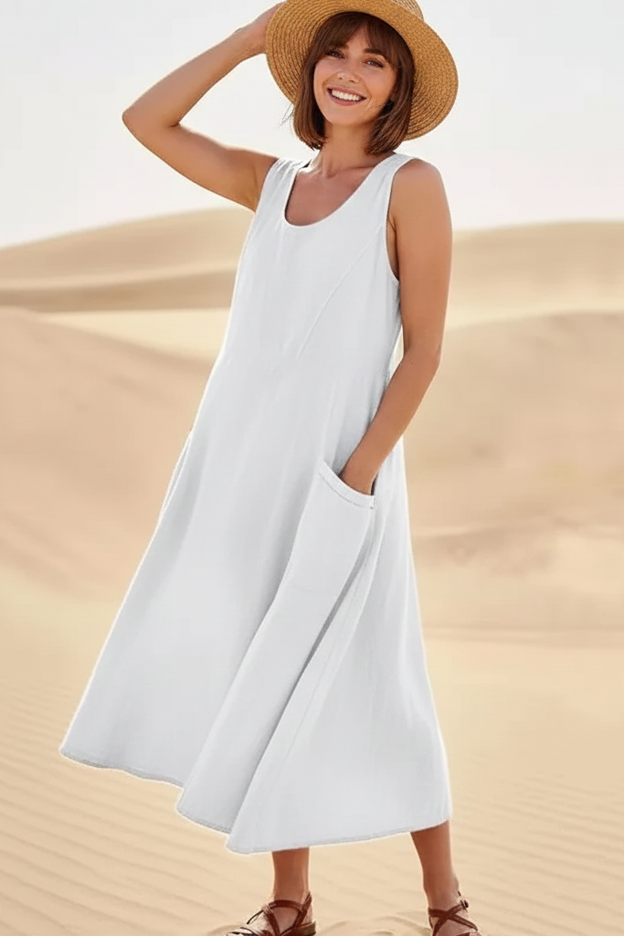 Women’s Sleeveless Cotton A-line Summer Midi Dress with Side Pockets