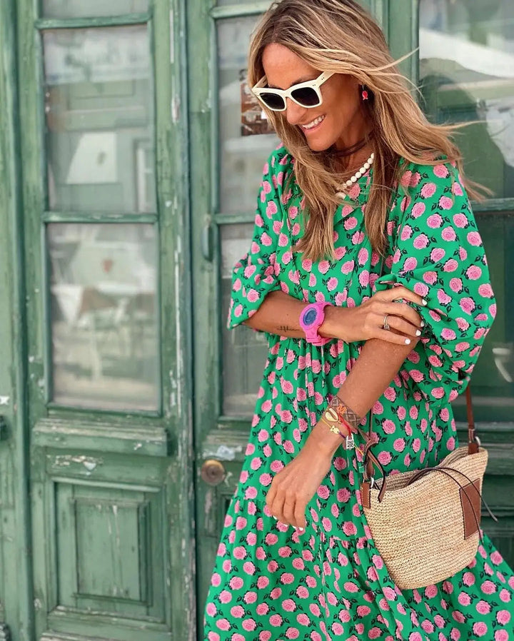 Women’s Floral Cotton A-Line Maxi Summer Dress with V-Neck