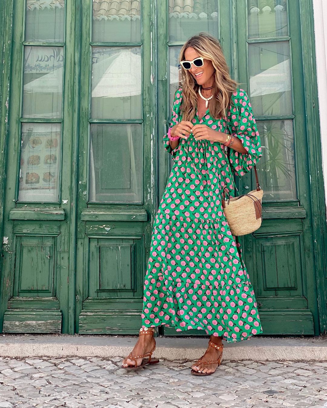 Women’s Floral Cotton A-Line Maxi Summer Dress with V-Neck