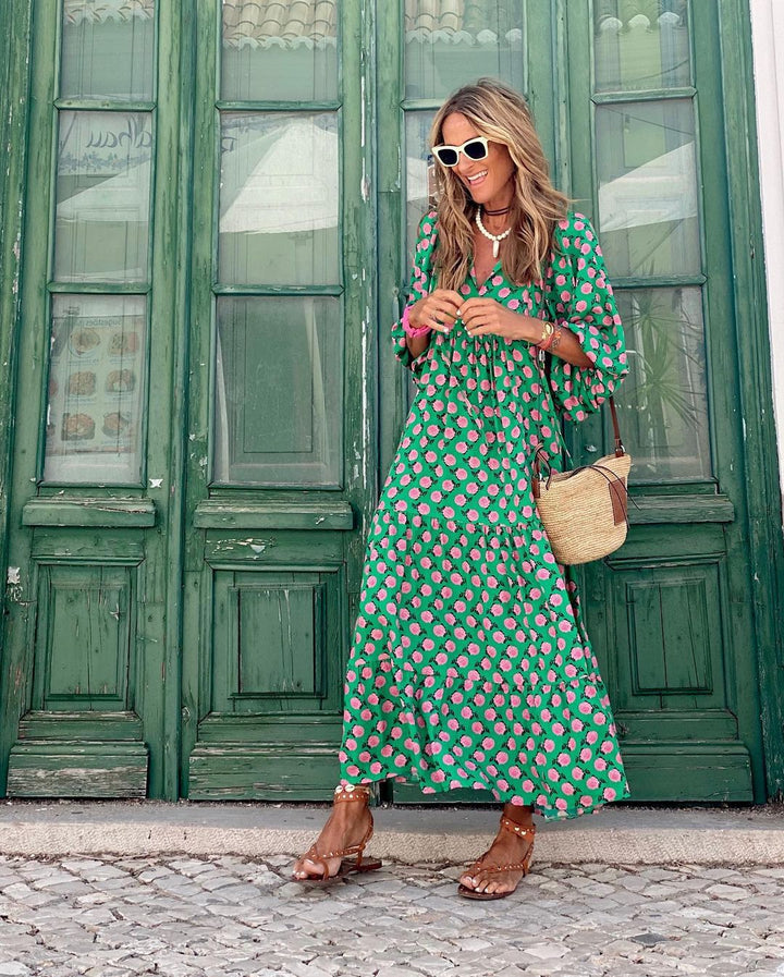 Women’s Floral Cotton A-Line Maxi Summer Dress with V-Neck