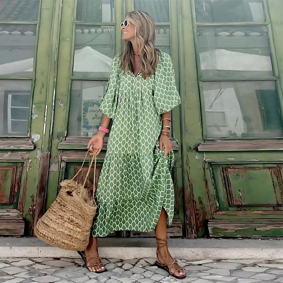 Women’s Floral Cotton A-Line Maxi Summer Dress with V-Neck