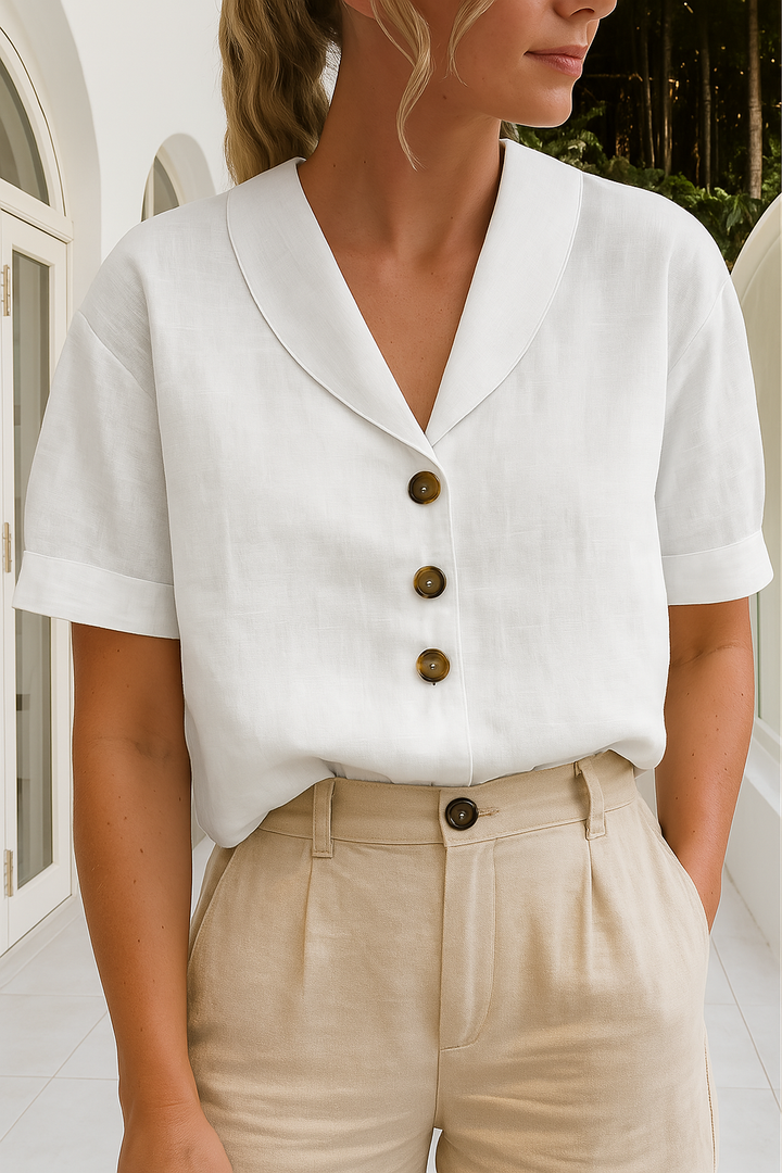 Women's Button Front Blouse Short Sleeve Shawl Collared