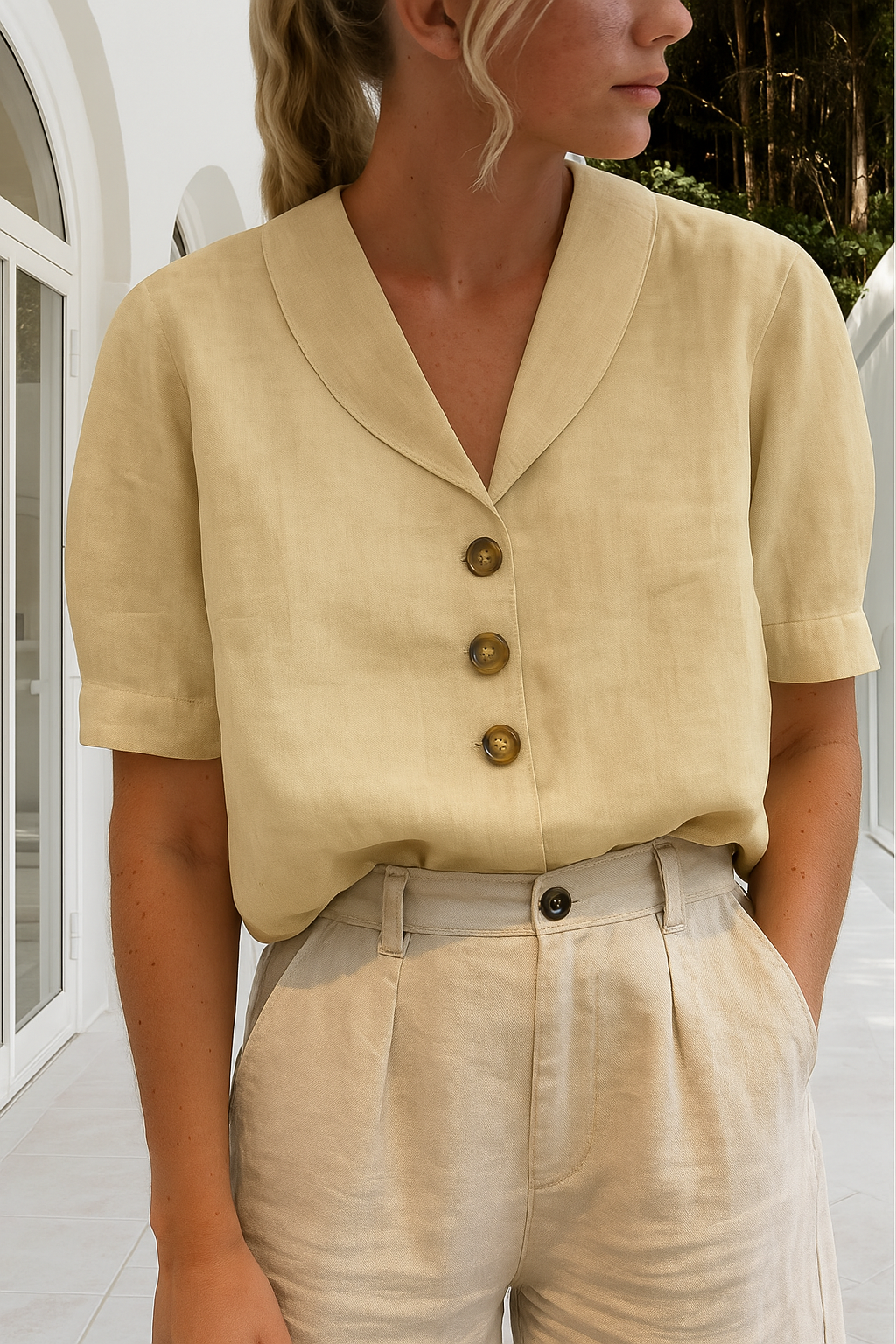 Women's Button Front Blouse Short Sleeve Shawl Collared