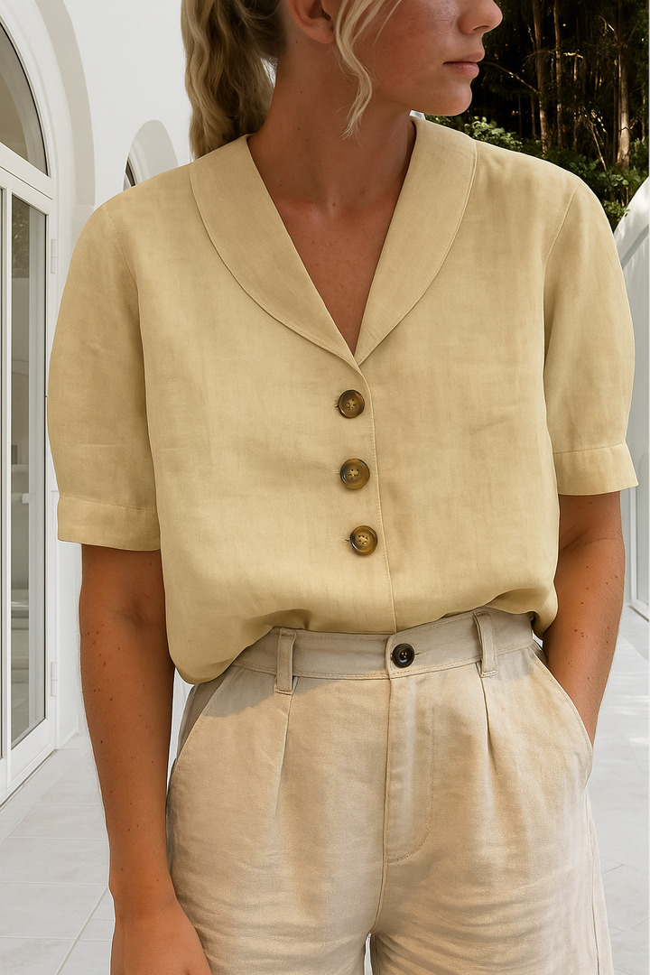 Women's Button Front Blouse Short Sleeve Shawl Collared