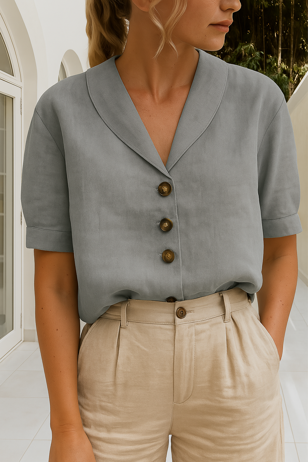 Women's Button Front Blouse Short Sleeve Shawl Collared