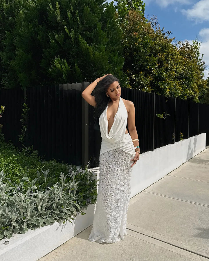 Women’s Halter Cowl-Front Floral Maxi Dress with Open Back