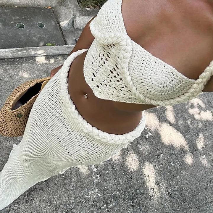 Women’s Crochet Two Piece Set with Braided Straps and Maxi Skirt