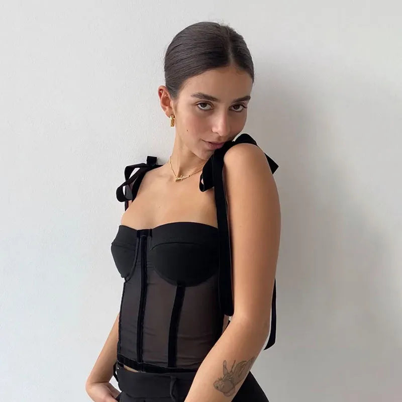 Women’s Sheer Bow-Shoulder Corset Top