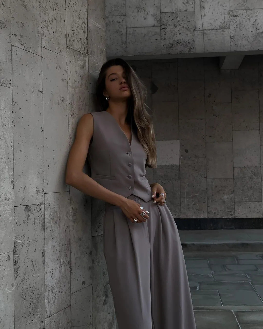 Women’s Formal with V-Neck Vest and Wide-Leg Pants