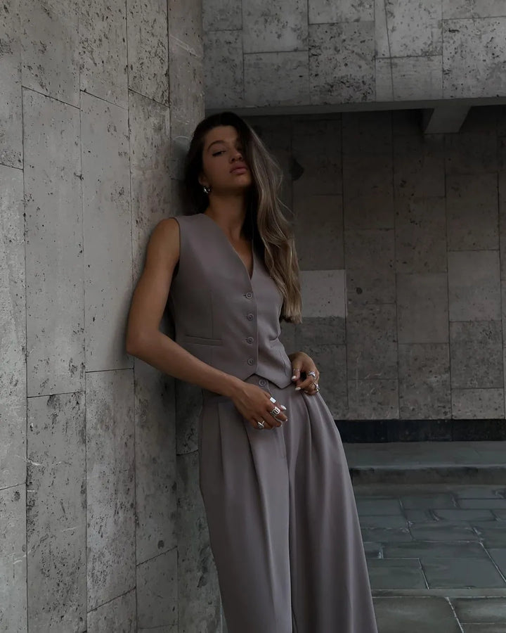 Women’s Formal with V-Neck Vest and Wide-Leg Pants