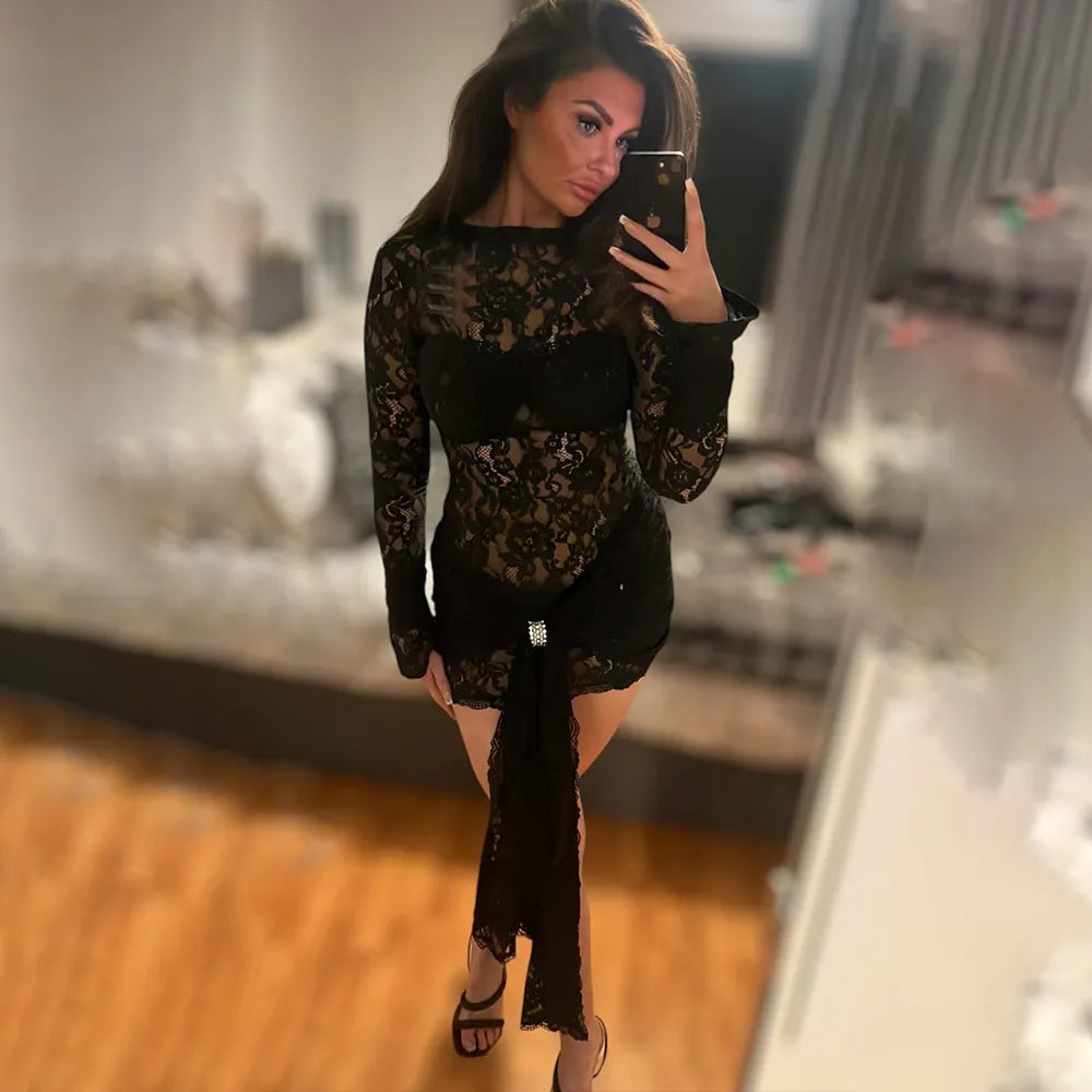 Women’s Sheer Lace Long-Sleeve Mini Dress with Mock Neck