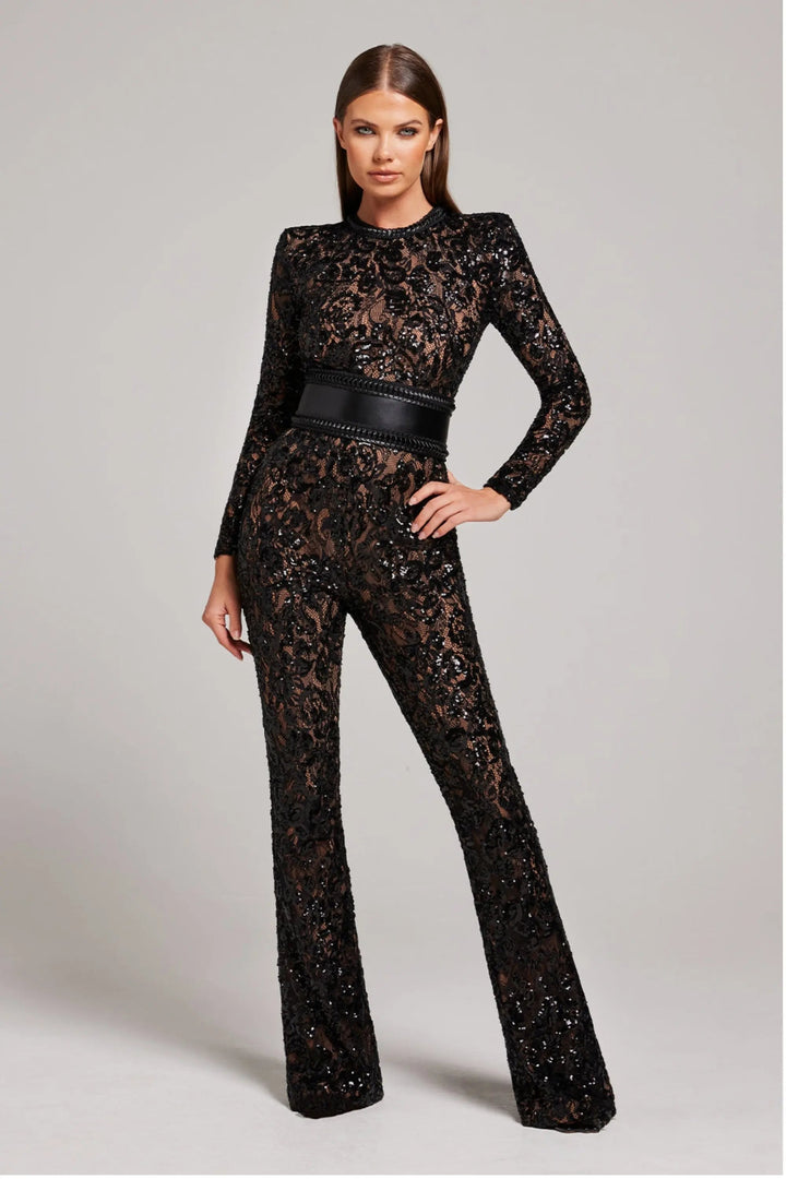 Women’s Long Sleeve Sequin Lace Jumpsuit with Flared Legs