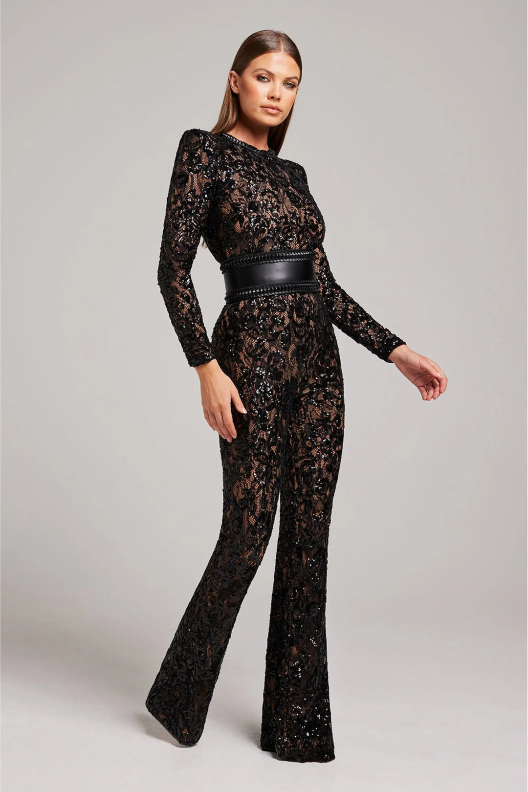 Women’s Long Sleeve Sequin Lace Jumpsuit with Flared Legs