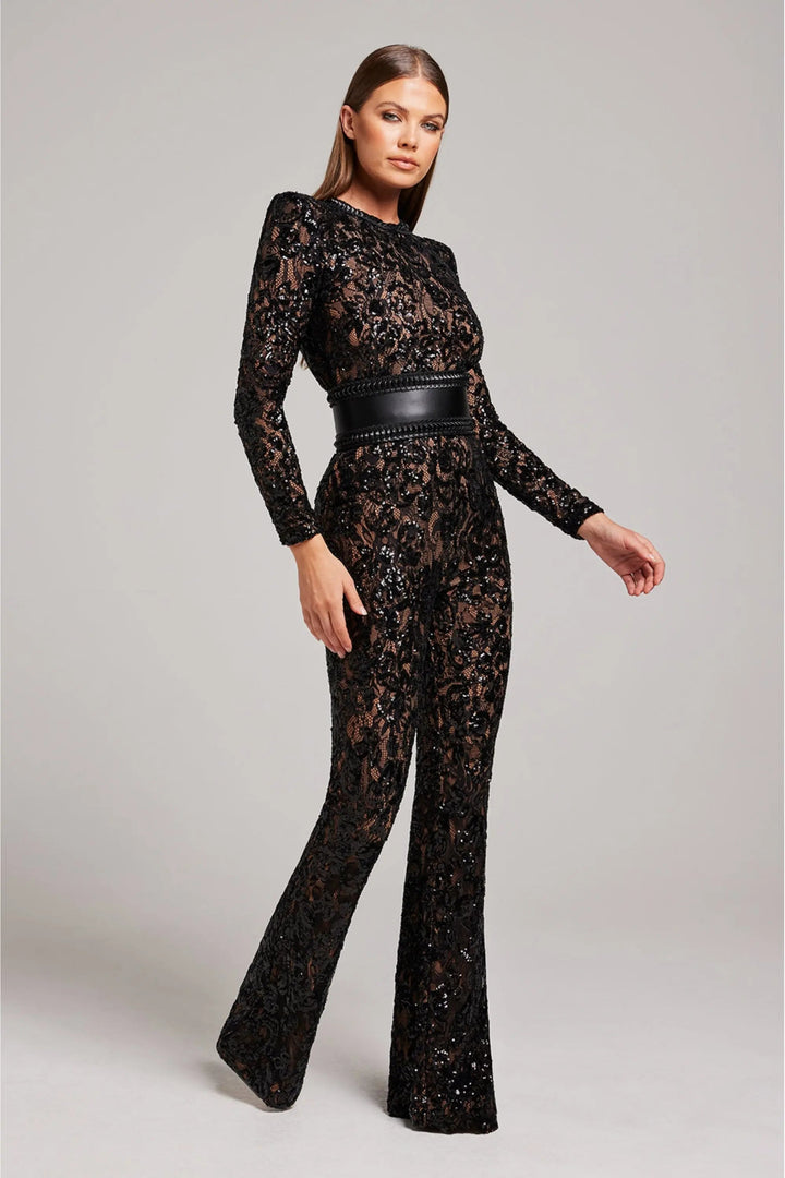 Women’s Long Sleeve Sequin Lace Jumpsuit with Flared Legs