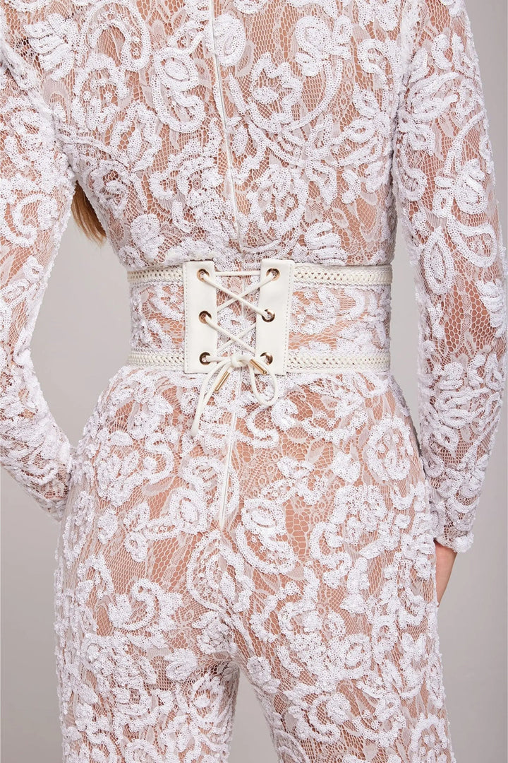 Women’s Long Sleeve Sequin Lace Jumpsuit with Flared Legs