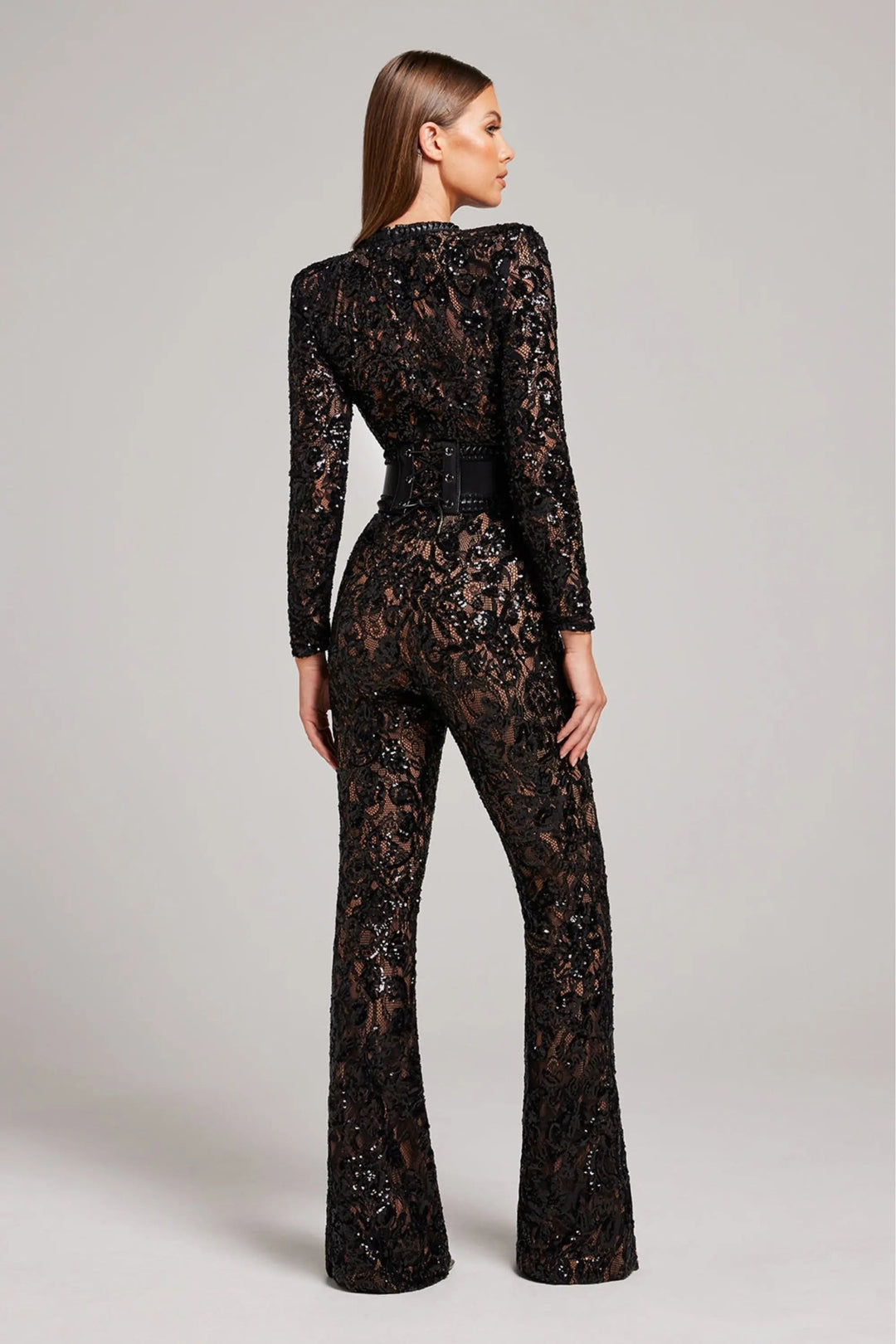 Women’s Long Sleeve Sequin Lace Jumpsuit with Flared Legs