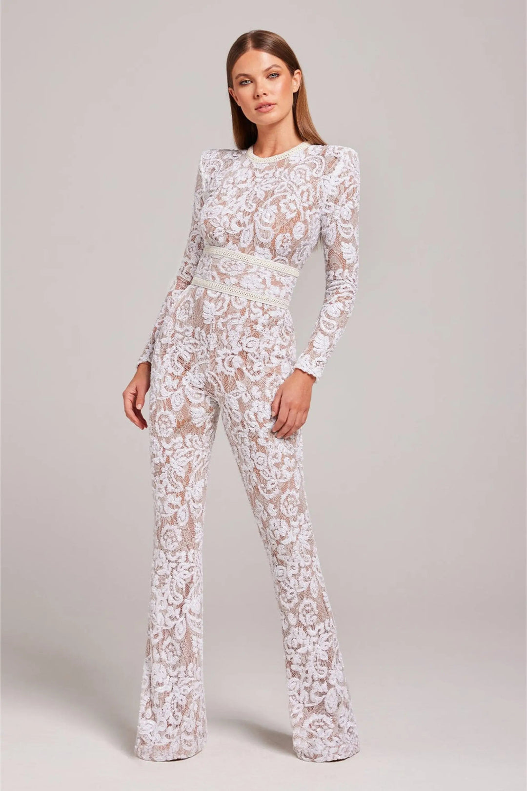 Women’s Long Sleeve Sequin Lace Jumpsuit with Flared Legs