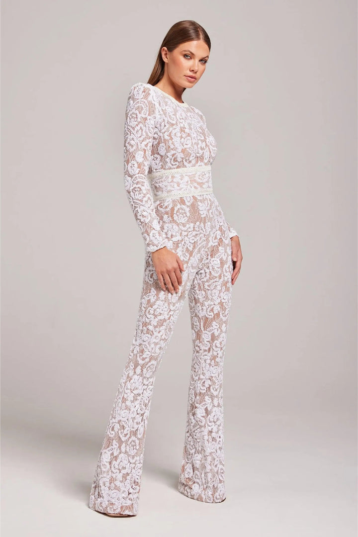 Women’s Long Sleeve Sequin Lace Jumpsuit with Flared Legs