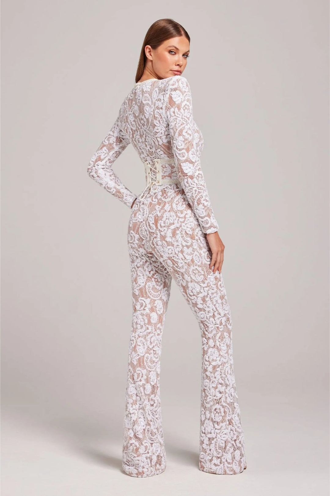 Women’s Long Sleeve Sequin Lace Jumpsuit with Flared Legs