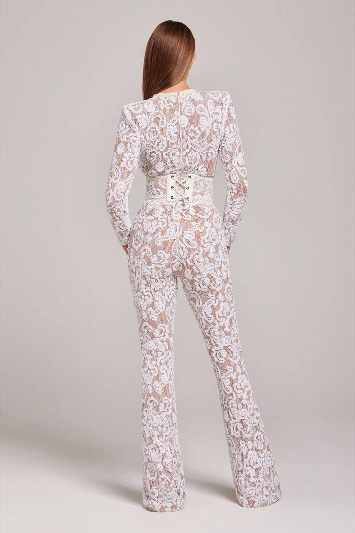 Women’s Long Sleeve Sequin Lace Jumpsuit with Flared Legs