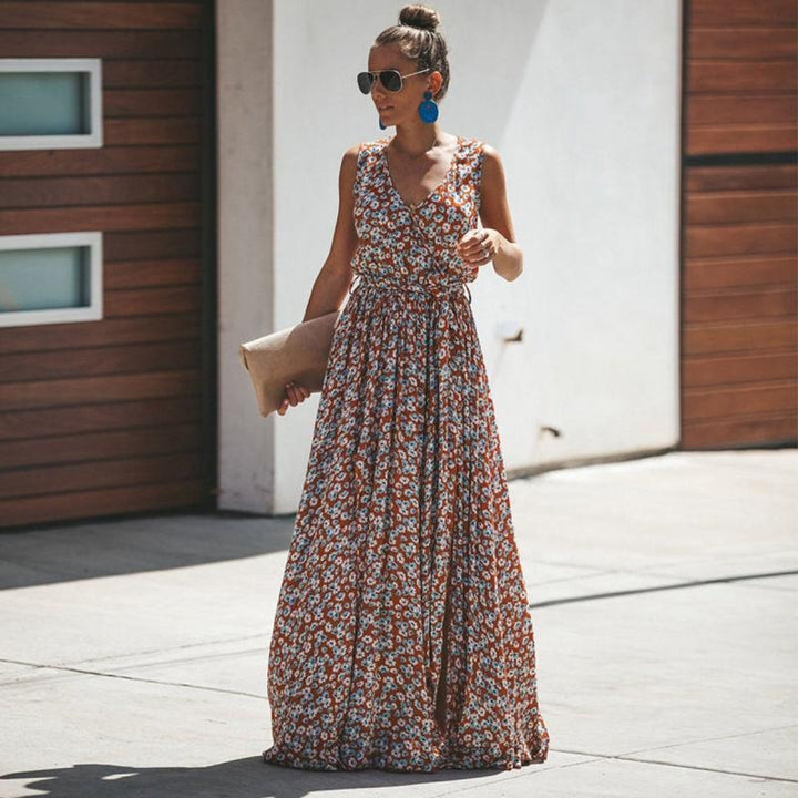 Women’s Floral Boho Maxi Dress with Waist Tie