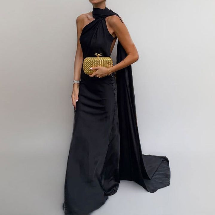 Women’s Satin One-Shoulder Cocktail Maxi Dress with Open Back