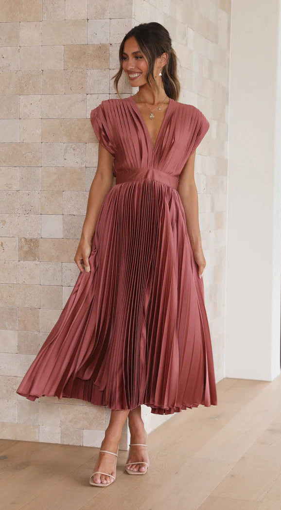 Women’s Midi Pleated V-Neck Sleeveless Dress
