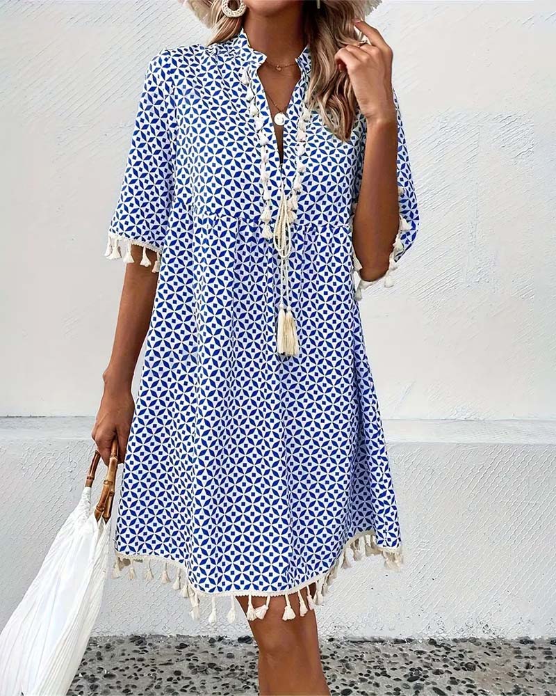 Women’s Printed Mini Summer Dress with Short Sleeves and Tassel Trim