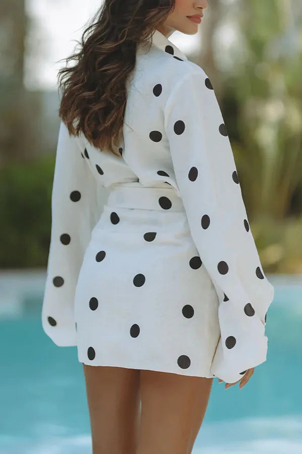 Women’s Polka Dot Buttoned Balloon Sleeve V-Neck Top Two Piece Set with Wrap Mini Skirt