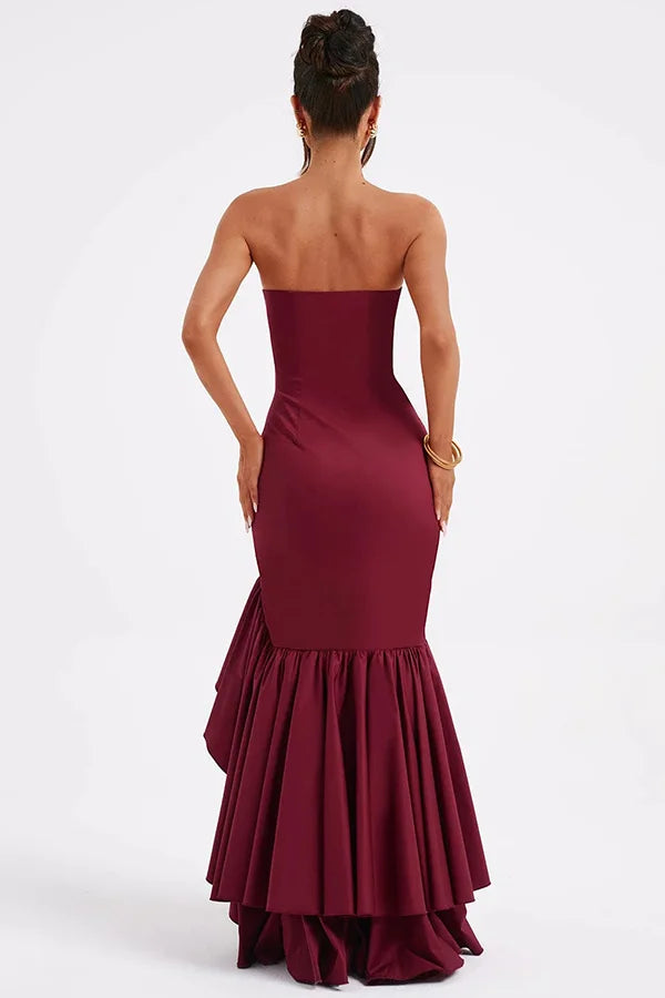 Women’s Strapless Ruffle Corset Maxi Dress with Asymmetrical Hem