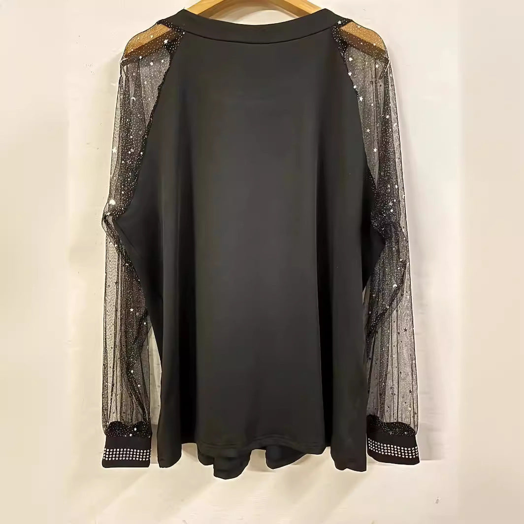Women’s Sequin Embellished Evening Top with Mesh Long Sleeves