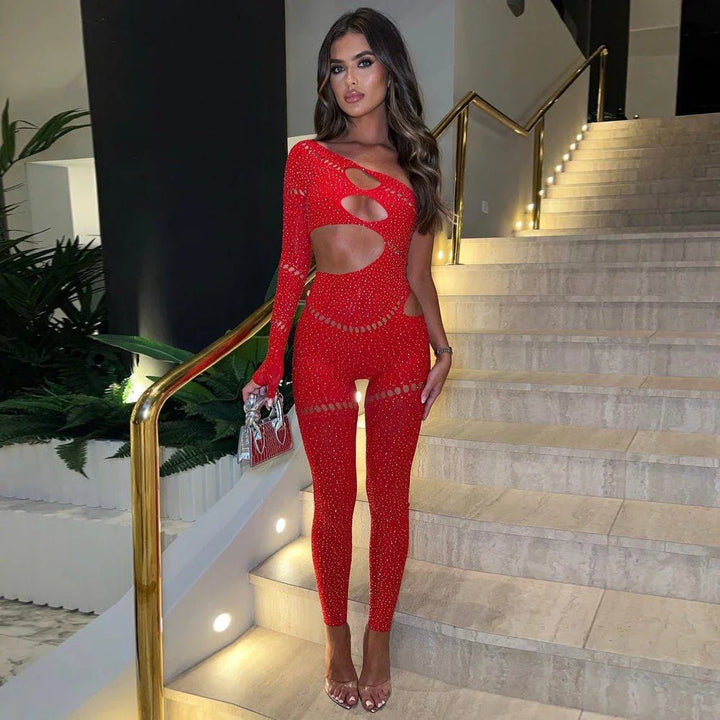 Women’s One Shoulder Cut Out Glitter Jumpsuit