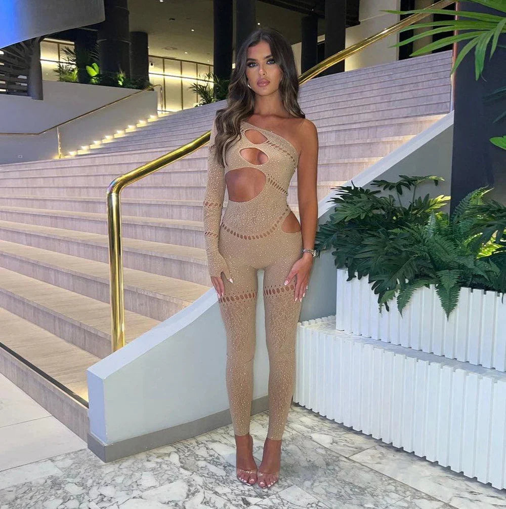 Women’s One Shoulder Cut Out Glitter Jumpsuit