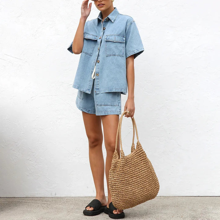 Women’s Denim Short-Sleeve Shirt Jacket Two Piece Set with Shorts