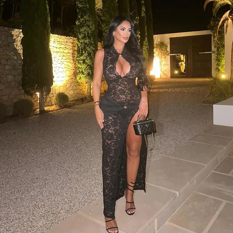 Women’s Lace Keyhole Mock-Neck Maxi Dress with Thigh Split