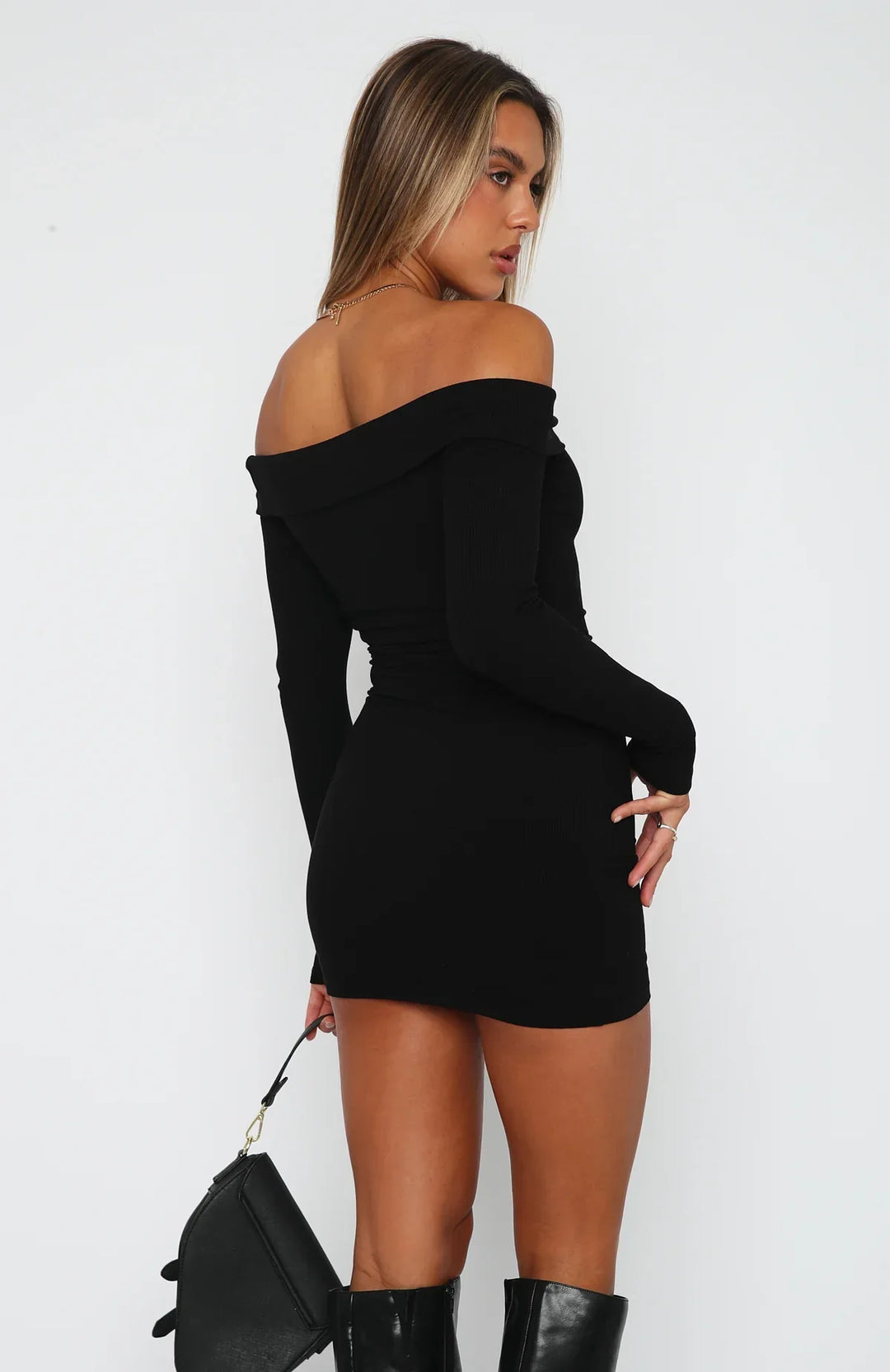 Women’s Off-Shoulder Long Sleeve Mini Dress with Fold-Neck