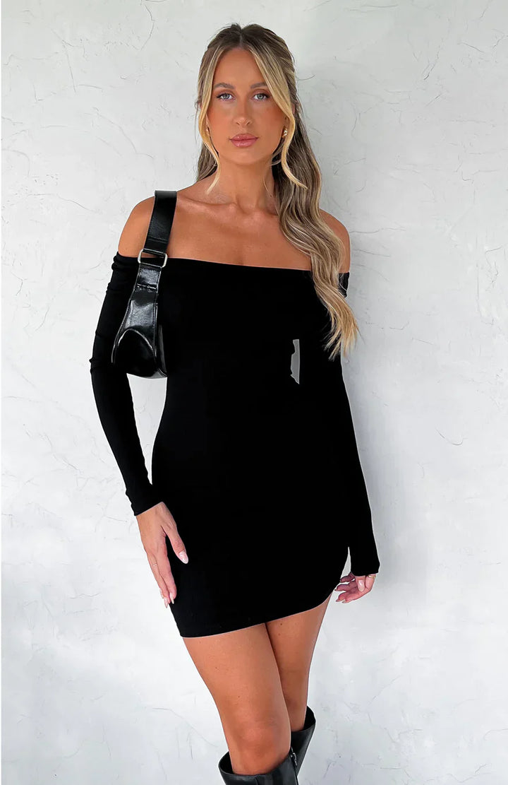 Women’s Off-Shoulder Long Sleeve Mini Dress with Fold-Neck