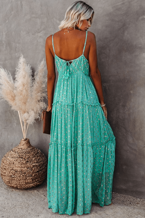 Women’s V-Neck Boho Maxi Dress with Spaghetti Strap