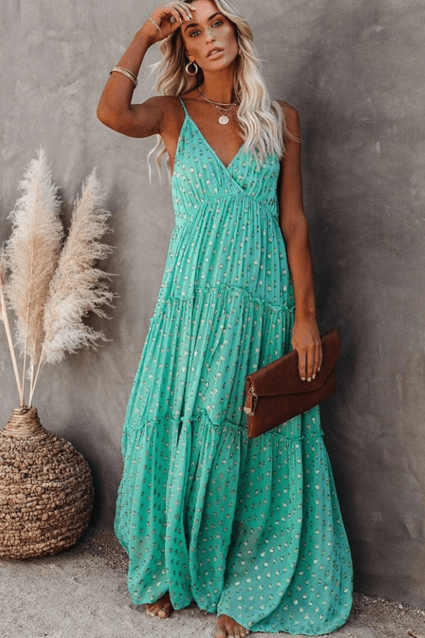 Women’s V-Neck Boho Maxi Dress with Spaghetti Strap