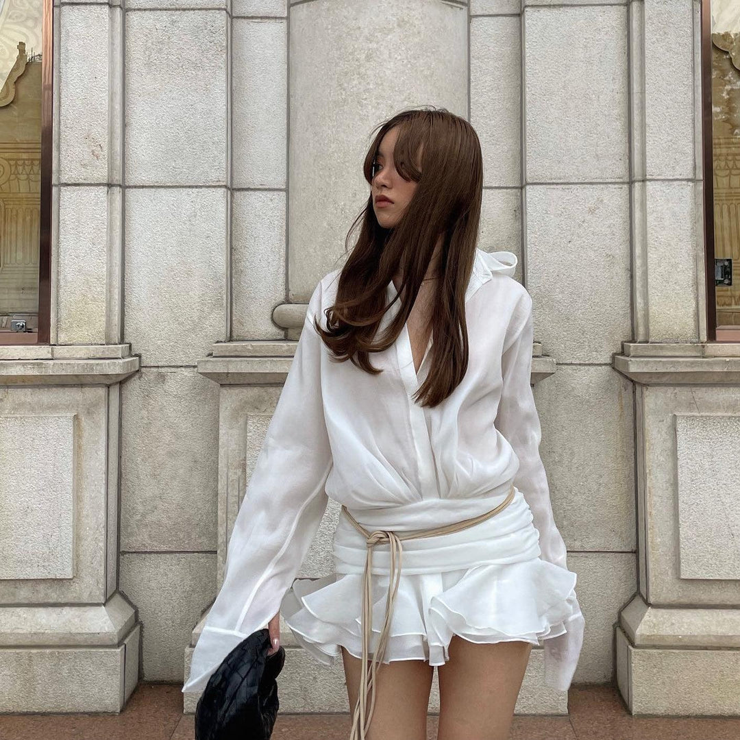 Women’s V-neck Pleated Shirt Mini Dress with Ruffle Hem