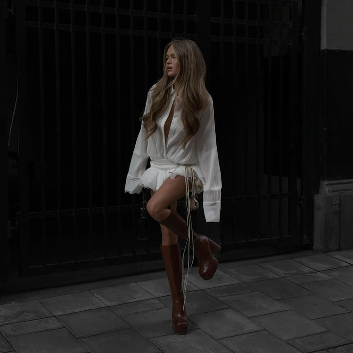 Women’s V-neck Pleated Shirt Mini Dress with Ruffle Hem